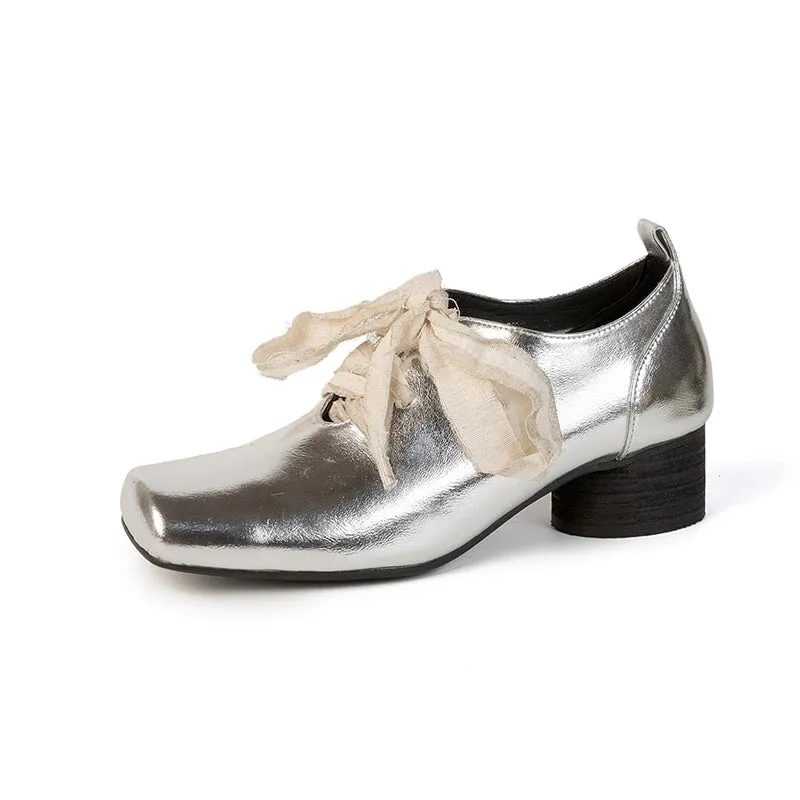 Sheepskin Mary Jane Ballet Flats with Lace up Square Toe in Black/Silver/Brown