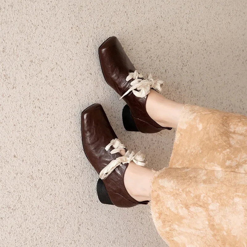 Sheepskin Mary Jane Ballet Flats with Lace up Square Toe in Black/Silver/Brown