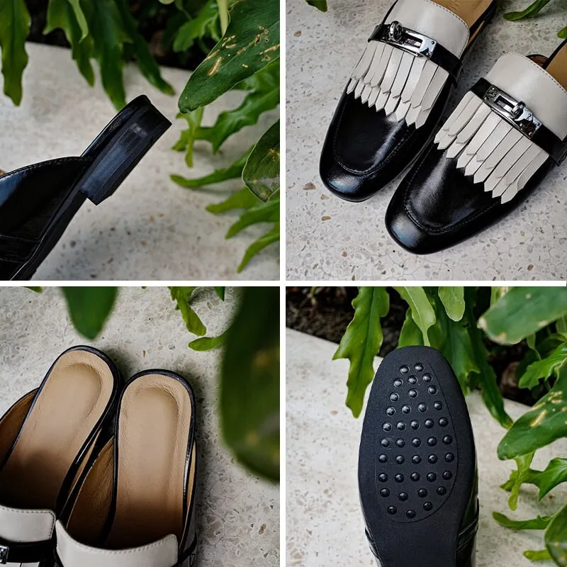 Sheepskin Mules with Tassel Summer Slippers Handmade in White/Black