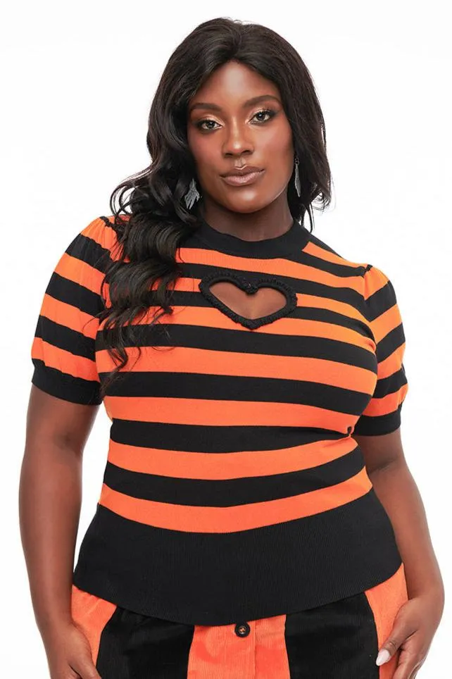 Smak Parlour Heart Keyhole Sweater in Black & Orange Stripe by Unique Vintage