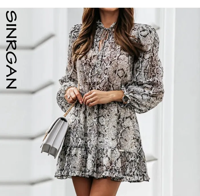 Snake Skin Print Animal Print Pleated Mini Vintage Fashion Ruffles Dress