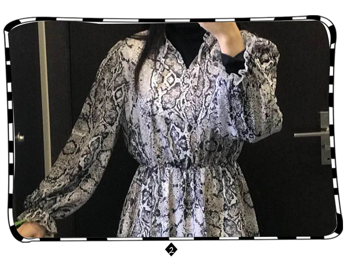 Snake Skin Print Animal Print Pleated Mini Vintage Fashion Ruffles Dress