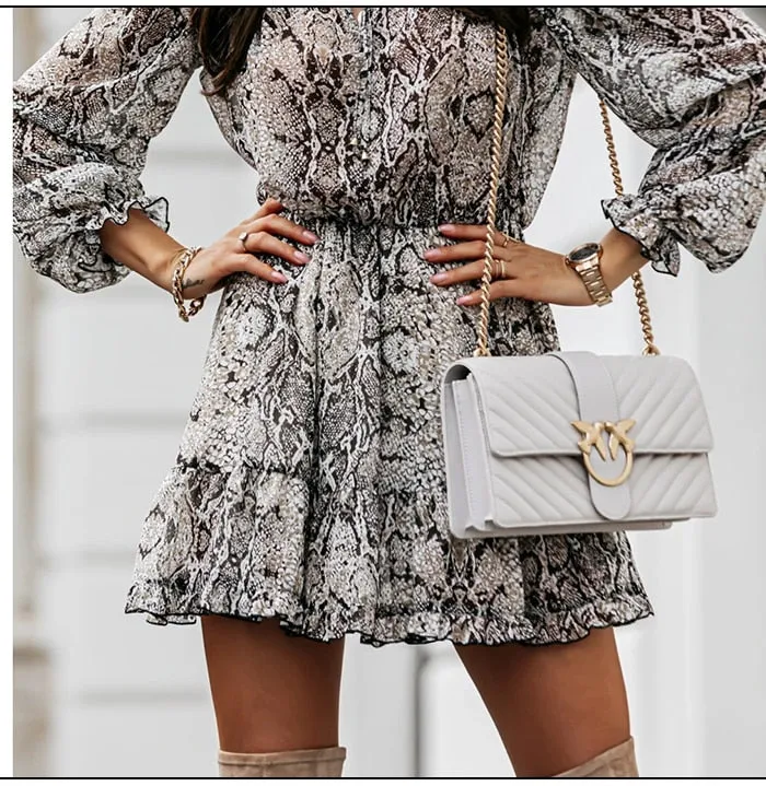 Snake Skin Print Animal Print Pleated Mini Vintage Fashion Ruffles Dress