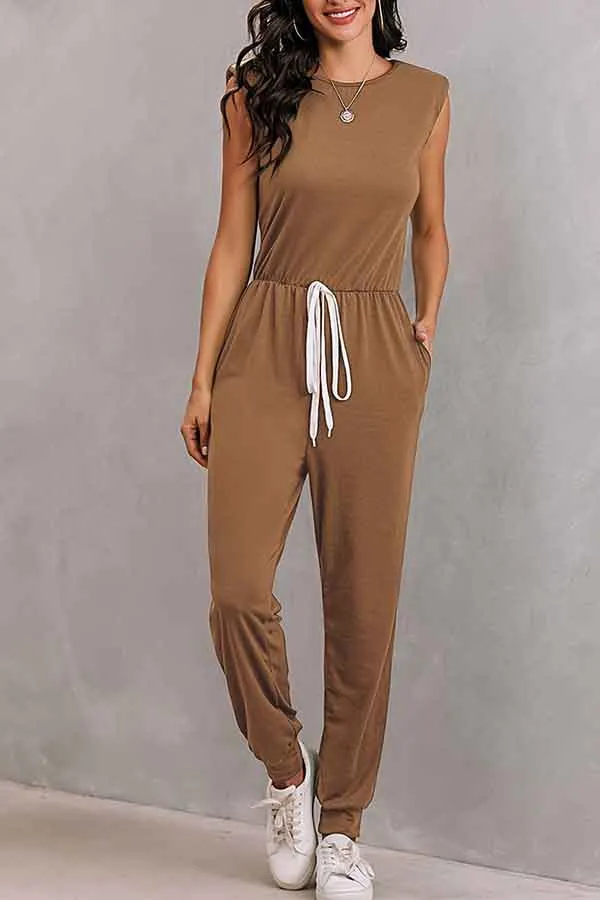 Solid Sleeveless Jumpsuits For Women With Shoulder Padded