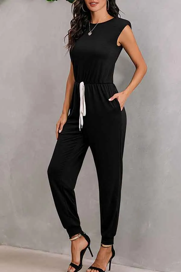 Solid Sleeveless Jumpsuits For Women With Shoulder Padded