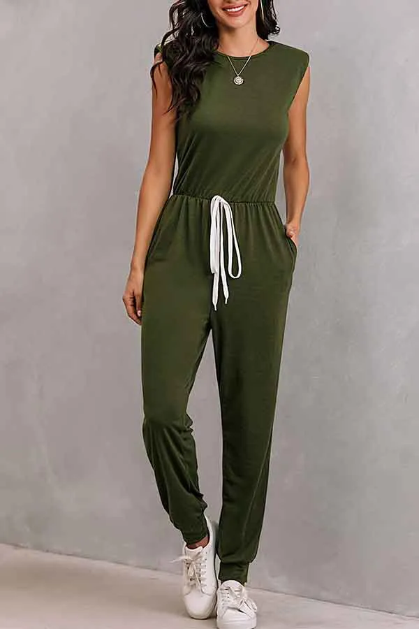 Solid Sleeveless Jumpsuits For Women With Shoulder Padded