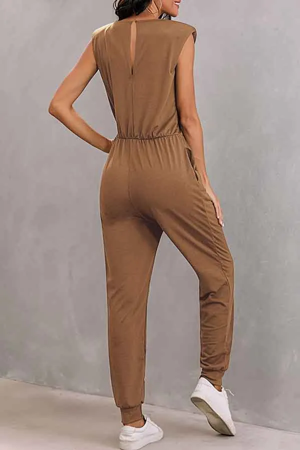 Solid Sleeveless Jumpsuits For Women With Shoulder Padded