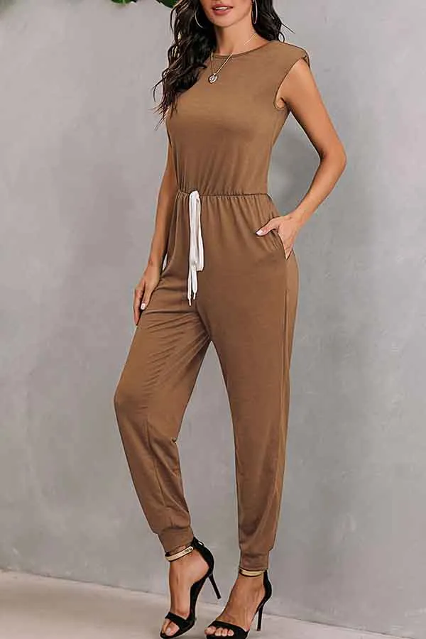 Solid Sleeveless Jumpsuits For Women With Shoulder Padded