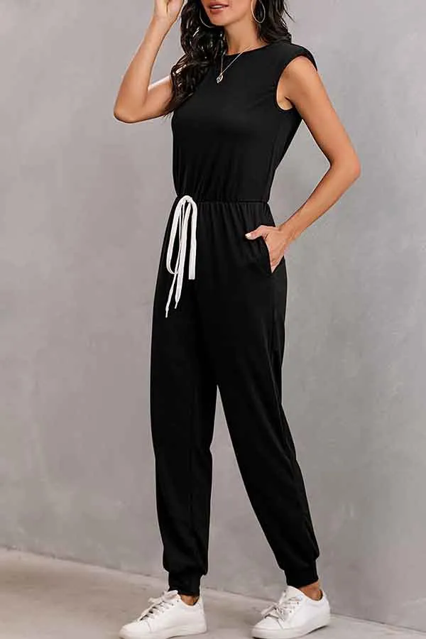 Solid Sleeveless Jumpsuits For Women With Shoulder Padded