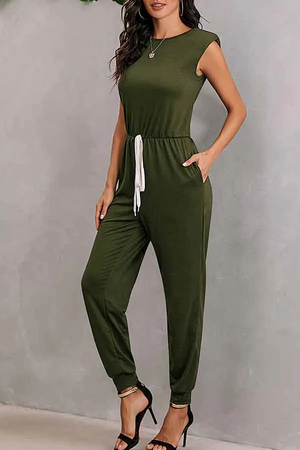 Solid Sleeveless Jumpsuits For Women With Shoulder Padded