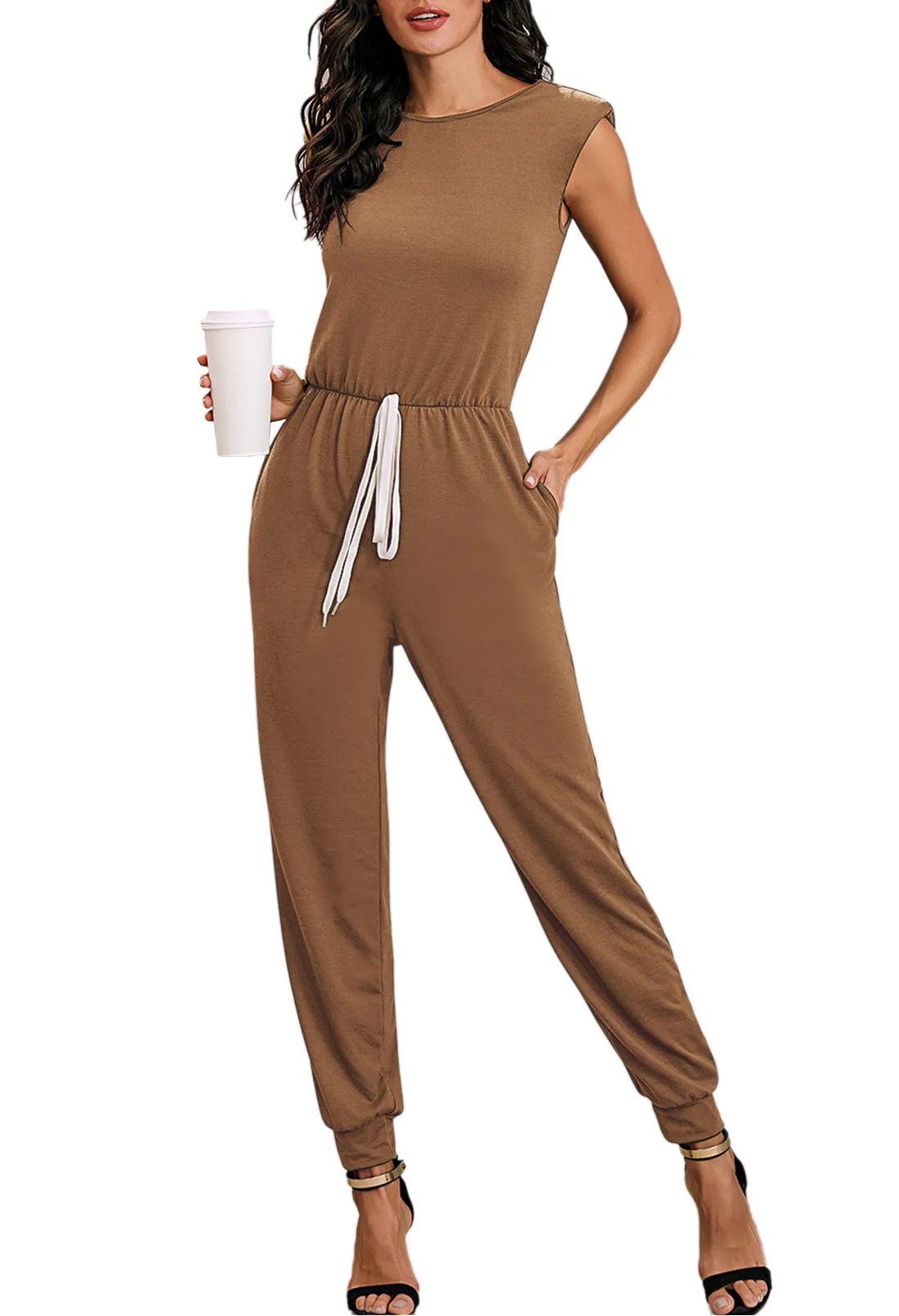 Solid Sleeveless Jumpsuits For Women With Shoulder Padded