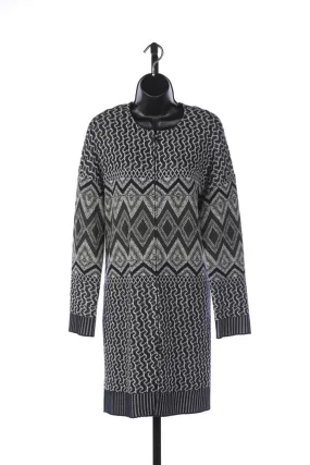 St. John Wool Navy Grey White Patterned Long Sleeve Zip-Up Sweater Coat