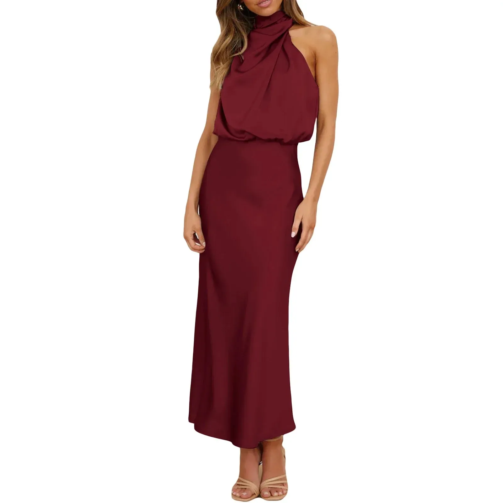 Stain Cocktail Mock Neck Sleeveless Elastic Waist High Split Long Evening Summer Elegant Dress