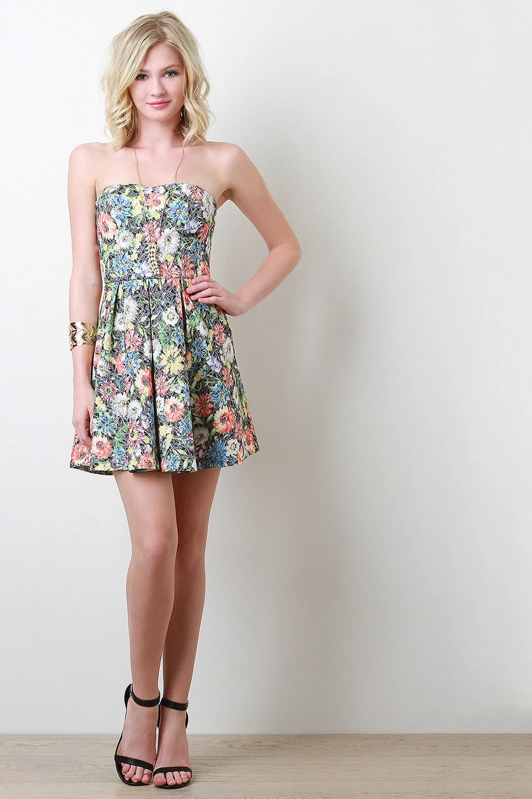 Strapless Floral Grid Dress