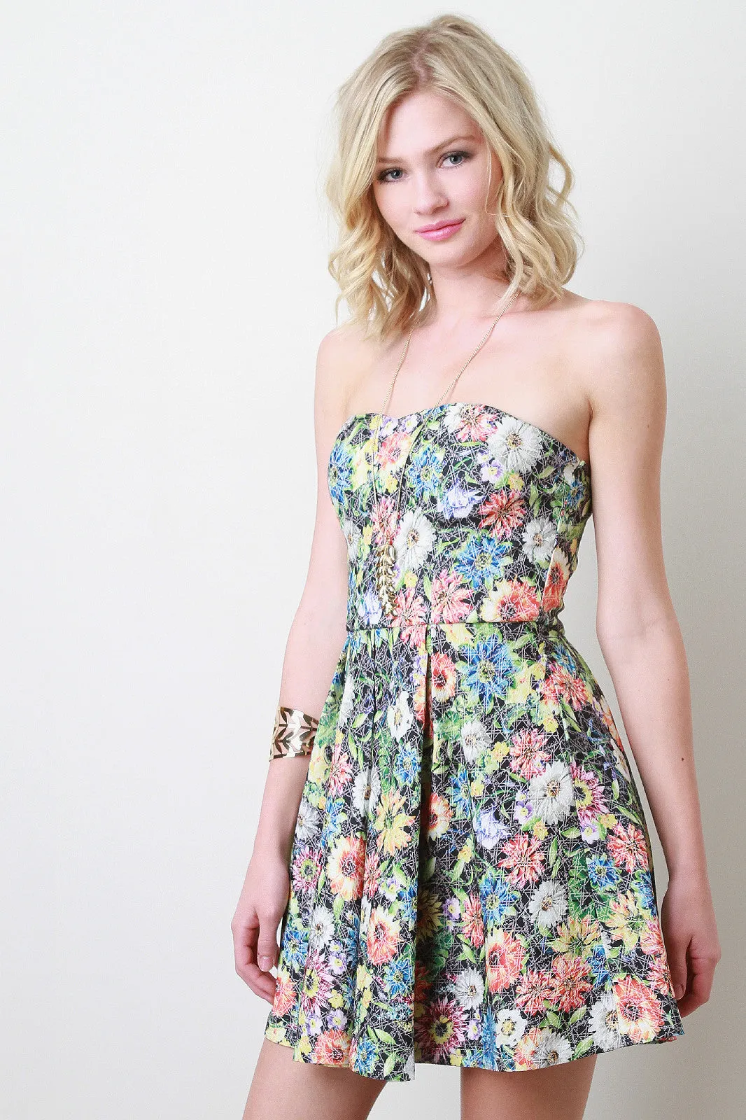 Strapless Floral Grid Dress