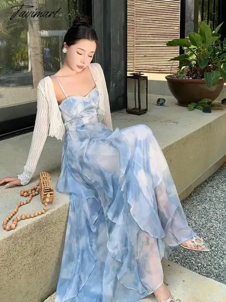 TAVIMART Summer Elegant Sleeveless Backless A-line Slip Dress Retro Blue Tie Dye Slim Ruffles Irregular Party Long Dresses For Women