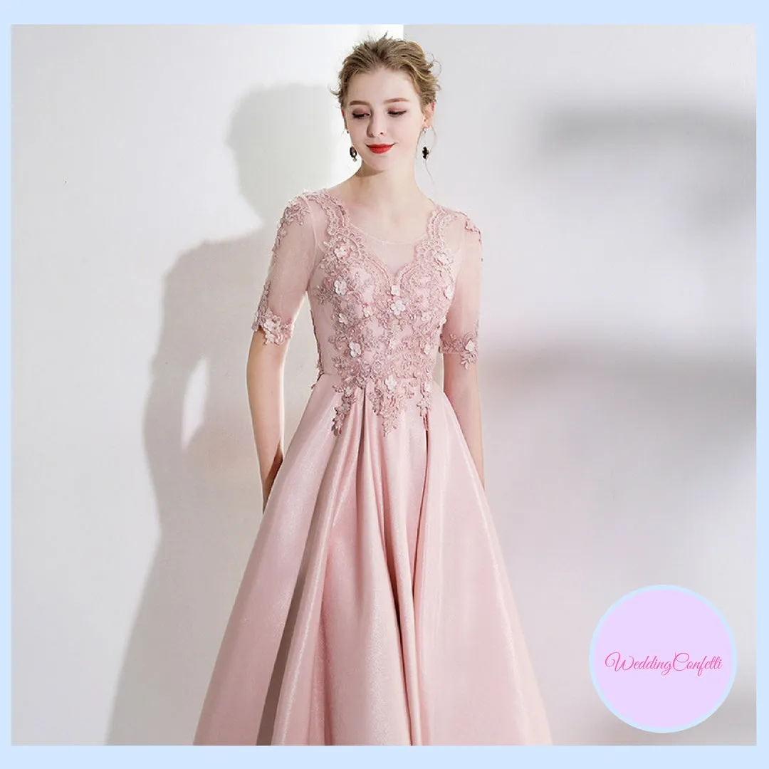 The Kadienne Pink Long Sleeves Satin Gown