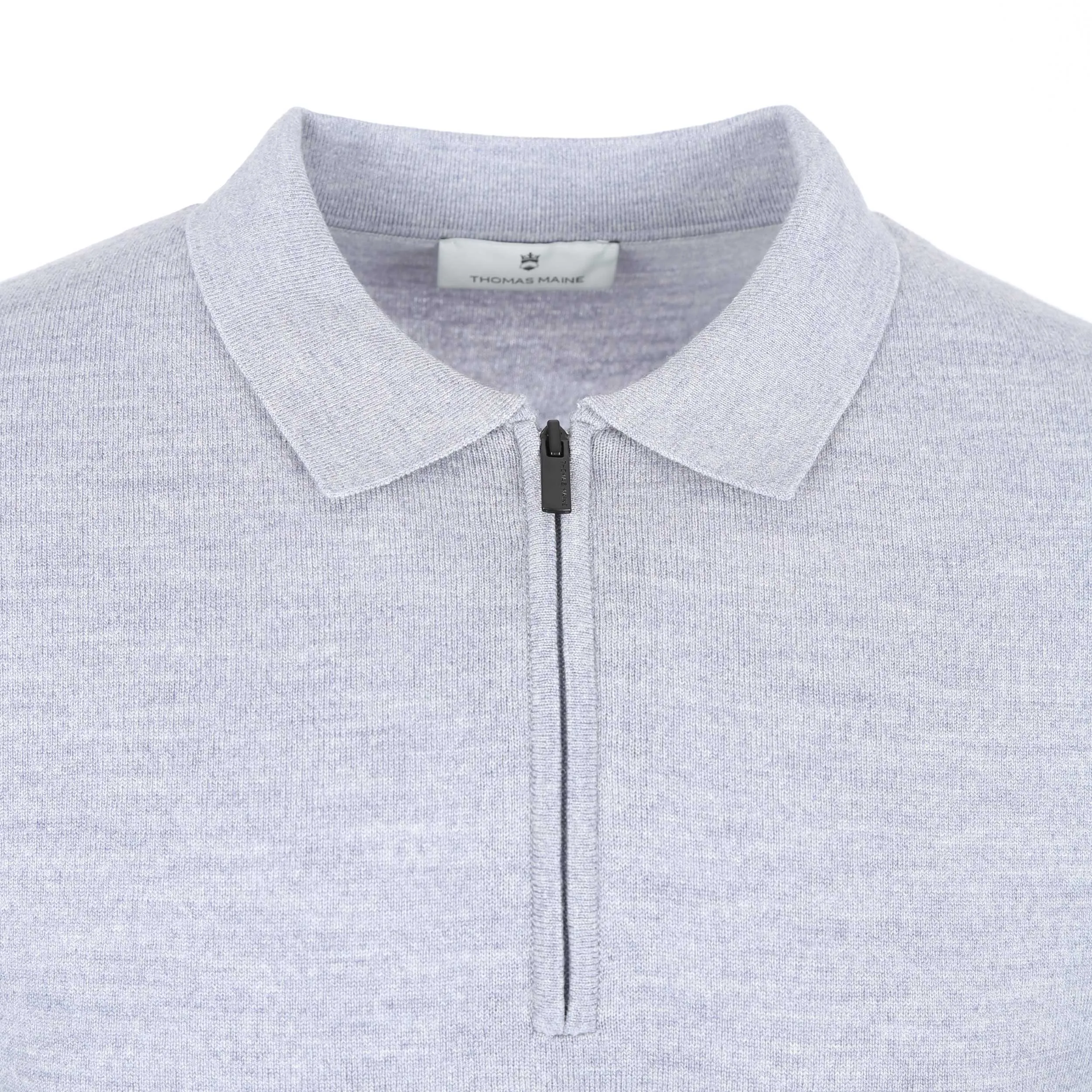 Thomas Maine Zip Knitted Long Sleeve Polo in Grey