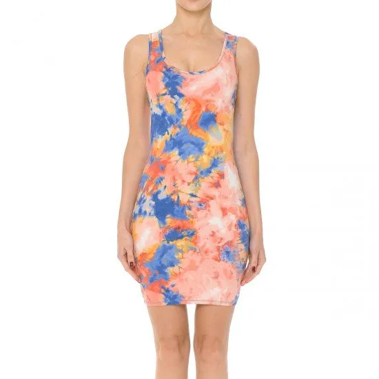 TIE DYE PRINT SCOOP NECK RACERBACK SLEEVELESS KNIT BODYCON DRESS