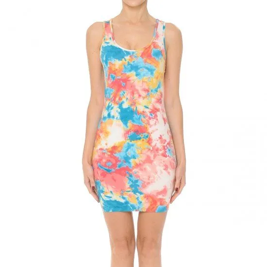 TIE DYE PRINT SCOOP NECK RACERBACK SLEEVELESS KNIT BODYCON DRESS