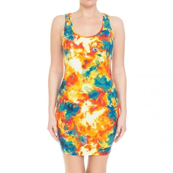 TIE DYE PRINT SCOOP NECK RACERBACK SLEEVELESS KNIT BODYCON DRESS