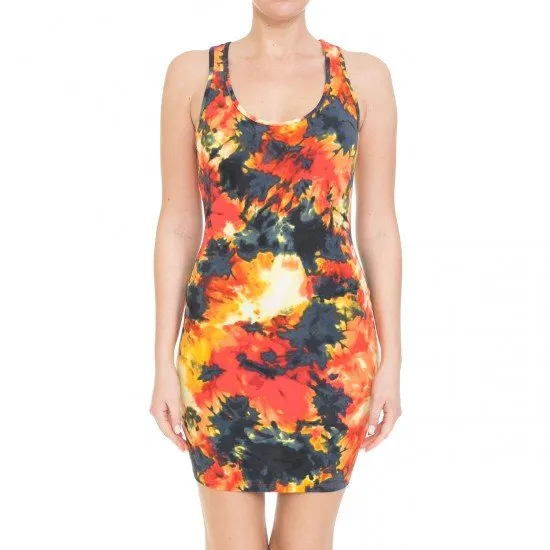 TIE DYE PRINT SCOOP NECK RACERBACK SLEEVELESS KNIT BODYCON DRESS