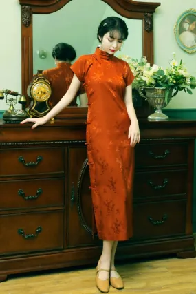 Tie Xu 铁锈 Rust Red 1930s Satin Floral Short Sleeve Qipao