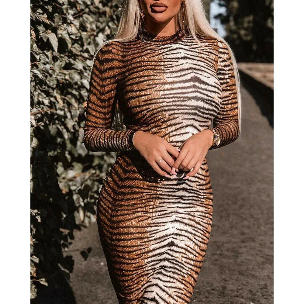 Tiger Print High Neck Long Sleeve Bodycon Midi Dress