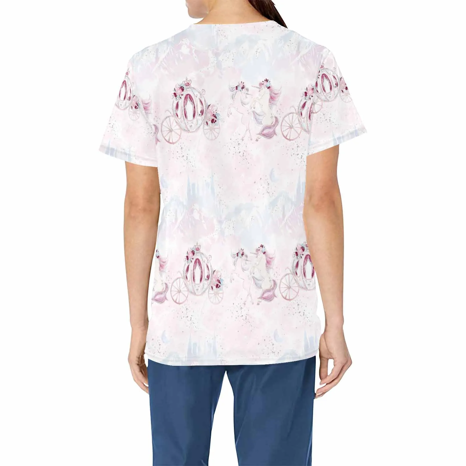 Unicorn Carriage  Women's V Neck Scrub Top Nurse Uniform with Deep Front Pockets