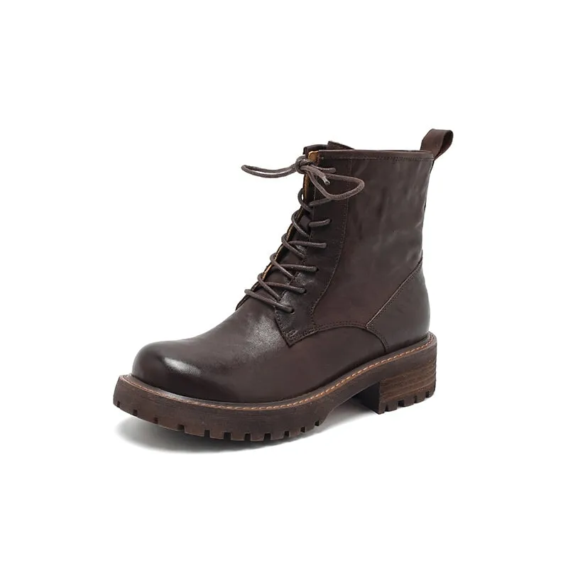 Vegetable Tanned Leather Combat Boots Designer Retro Chunky Martin Boots Side Zip in Black/Coffee/Khaki