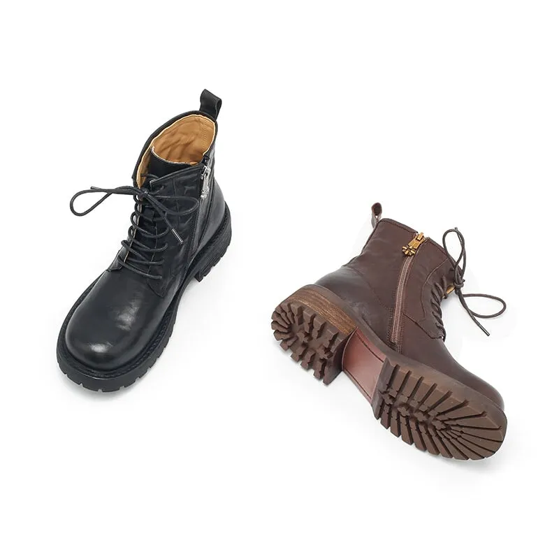 Vegetable Tanned Leather Combat Boots Designer Retro Chunky Martin Boots Side Zip in Black/Coffee/Khaki