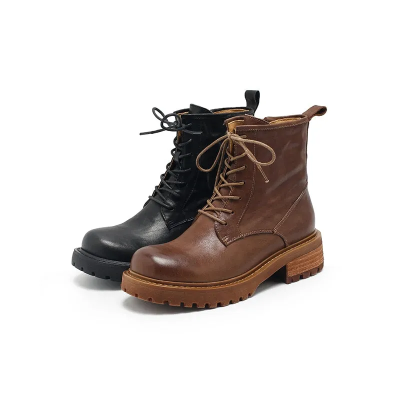 Vegetable Tanned Leather Combat Boots Designer Retro Chunky Martin Boots Side Zip in Black/Coffee/Khaki