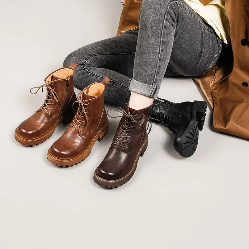 Vegetable Tanned Leather Combat Boots Designer Retro Chunky Martin Boots Side Zip in Black/Coffee/Khaki