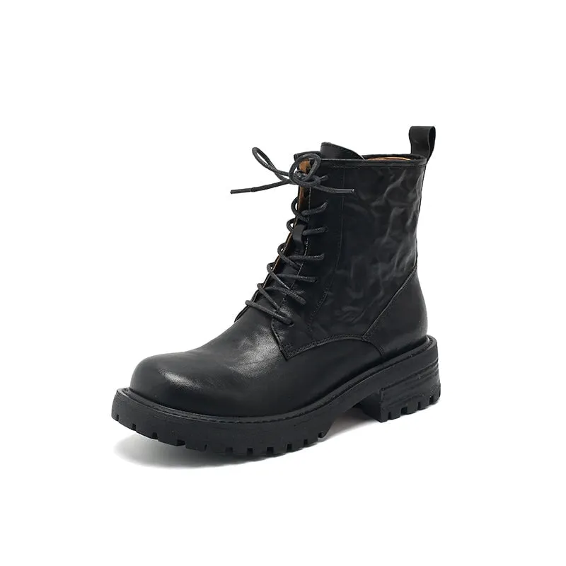 Vegetable Tanned Leather Combat Boots Designer Retro Chunky Martin Boots Side Zip in Black/Coffee/Khaki