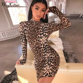 VenusFox long sleeve high neck leopard print high waist sexy dresses party dresses