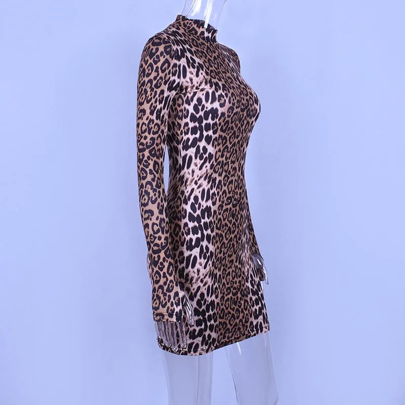 VenusFox long sleeve high neck leopard print high waist sexy dresses party dresses