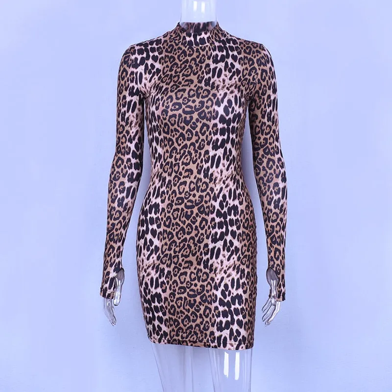 VenusFox long sleeve high neck leopard print high waist sexy dresses party dresses