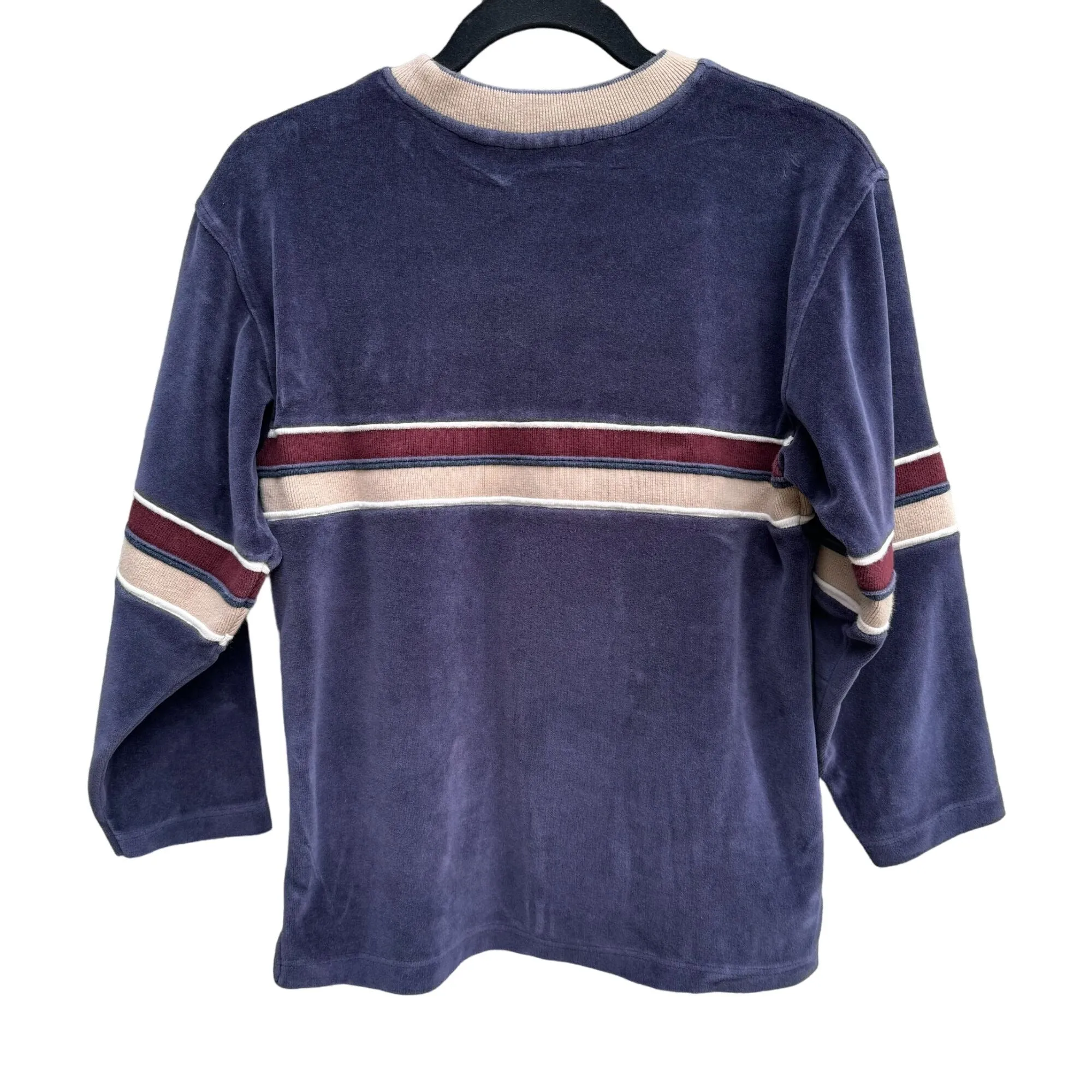 Vintage 70s Mens Navy Velour Striped Streetwear Crewneck Retro Pullover Shirt XS