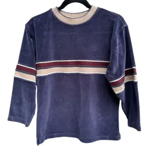 Vintage 70s Mens Navy Velour Striped Streetwear Crewneck Retro Pullover Shirt XS