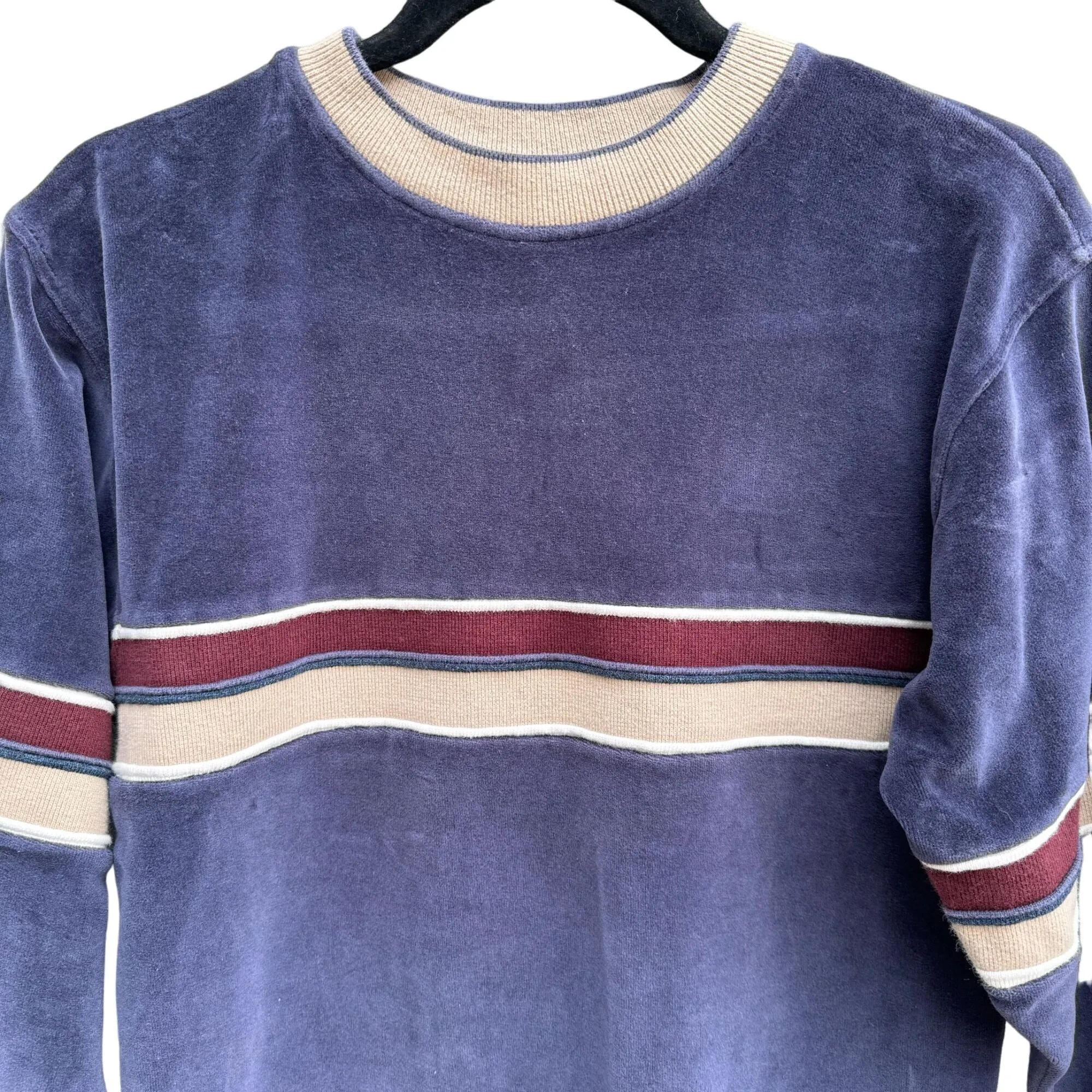 Vintage 70s Mens Navy Velour Striped Streetwear Crewneck Retro Pullover Shirt XS