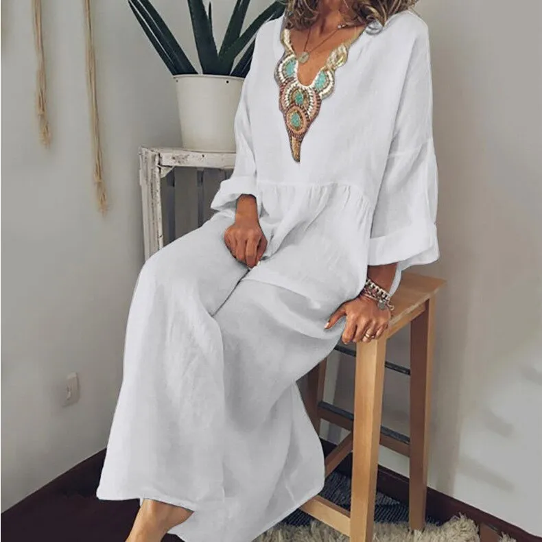 Wenkouban Casual Ethnic Summer Dress Women Loose Cotton Linen Long Dress Long Sleeve V Neck White Beach Dress Retro Solid Large-Wing Dress