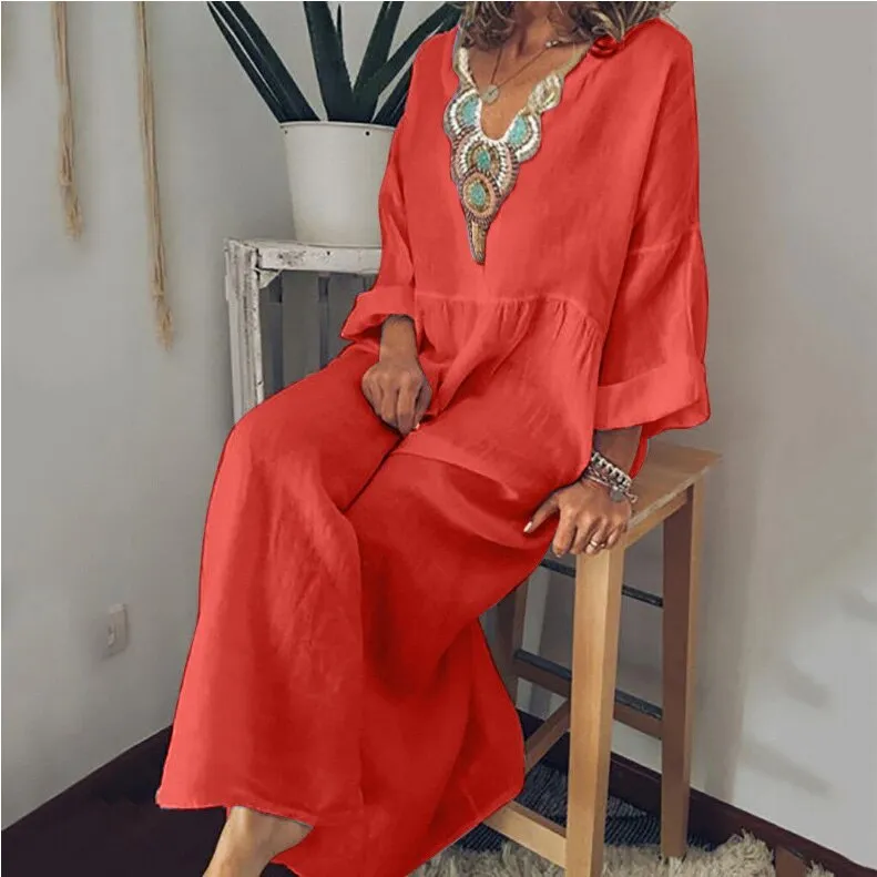 Wenkouban Casual Ethnic Summer Dress Women Loose Cotton Linen Long Dress Long Sleeve V Neck White Beach Dress Retro Solid Large-Wing Dress