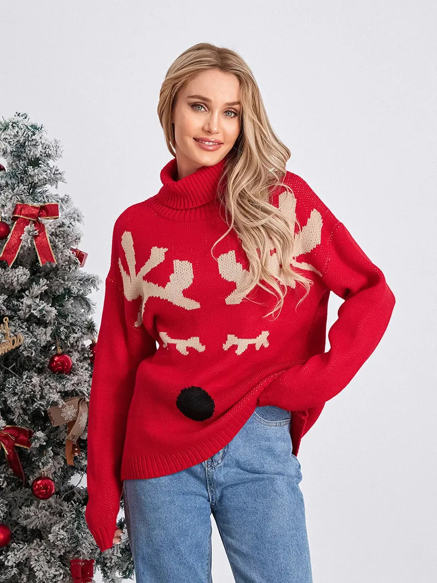 Wenkouban-Christmas Thanksgiving outfits_Elk Print Red Casual Long Sleeve TurtleNeck Warm Christmas Sweater