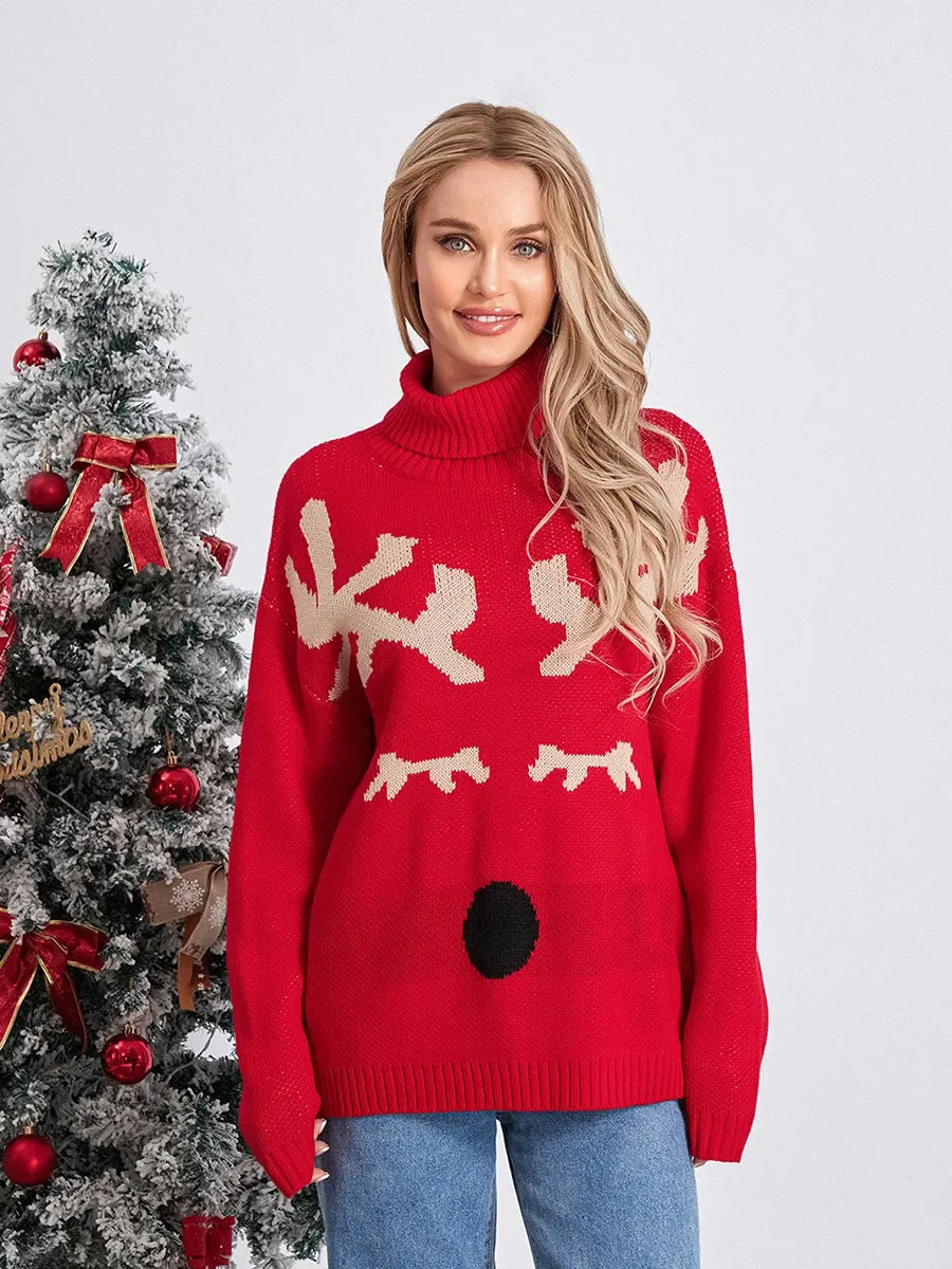 Wenkouban-Christmas Thanksgiving outfits_Elk Print Red Casual Long Sleeve TurtleNeck Warm Christmas Sweater