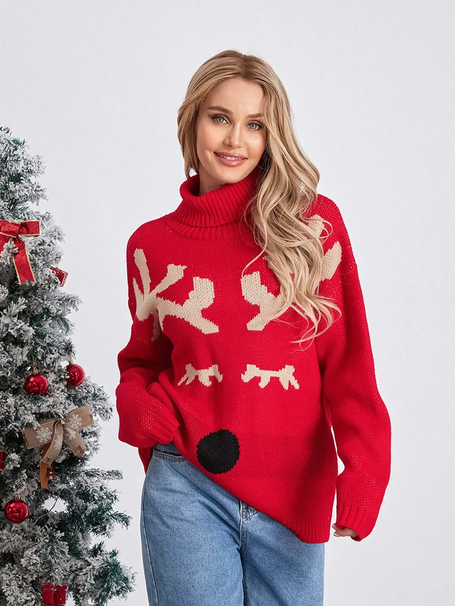 Wenkouban-Christmas Thanksgiving outfits_Elk Print Red Casual Long Sleeve TurtleNeck Warm Christmas Sweater