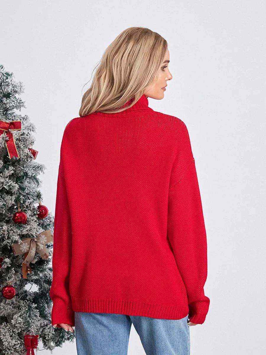 Wenkouban-Christmas Thanksgiving outfits_Elk Print Red Casual Long Sleeve TurtleNeck Warm Christmas Sweater