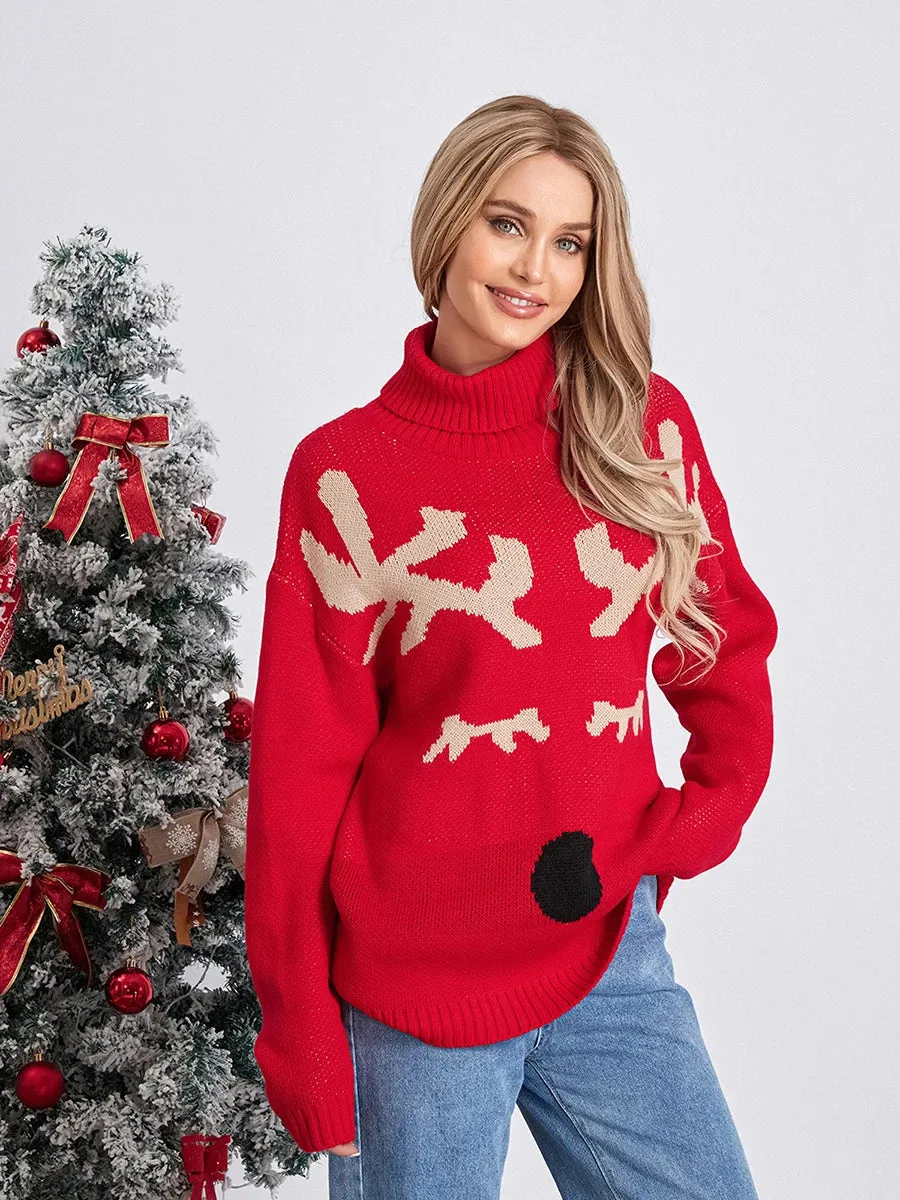 Wenkouban-Christmas Thanksgiving outfits_Elk Print Red Casual Long Sleeve TurtleNeck Warm Christmas Sweater