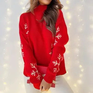 Wenkouban-Christmas Thanksgiving outfits_High Collar Snowflake Print Loose Fit Long Sleeve Knit Christmas Sweater