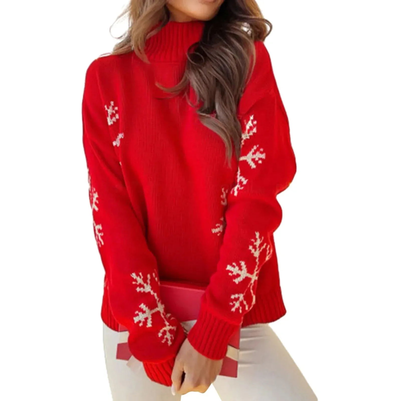 Wenkouban-Christmas Thanksgiving outfits_High Collar Snowflake Print Loose Fit Long Sleeve Knit Christmas Sweater