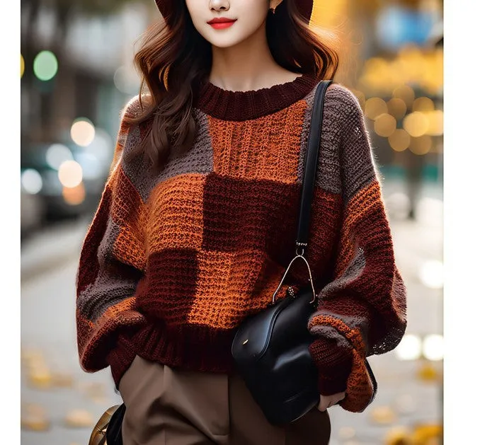 Wenkouban fall outfits aesthetic Maillard Retro Contrast Color Stitching Sweater Women's Autumn and Winter New Lazy Style round Neck Pullover Knitted Top